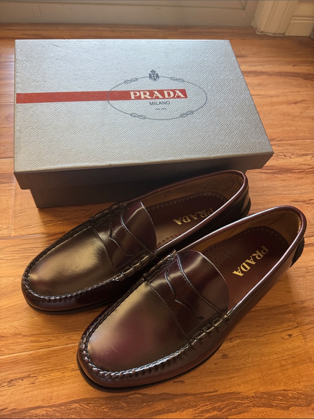 Prada Men's Burgundy Leather Penny Loafers